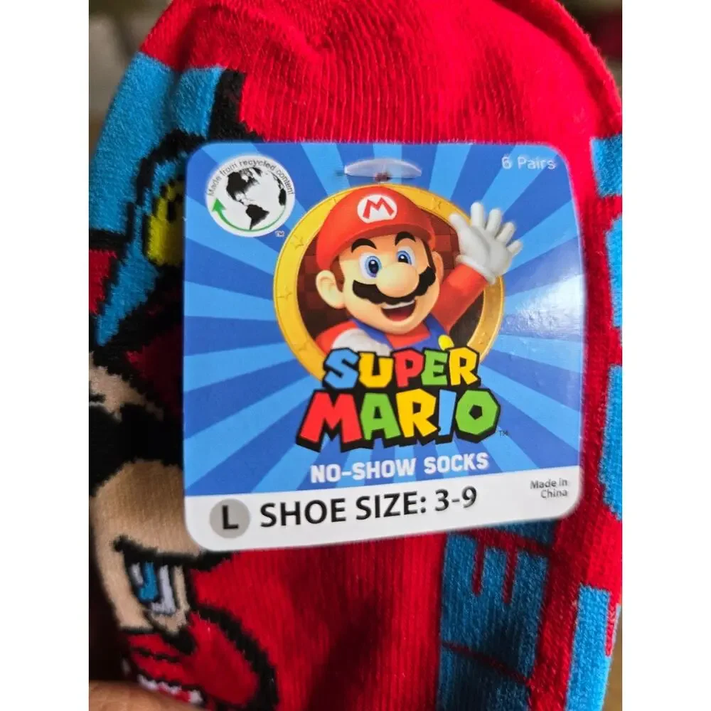 Super Mario Boys 6-Pack No-Show Socks Size Large Shoe Size 3-9 NWT